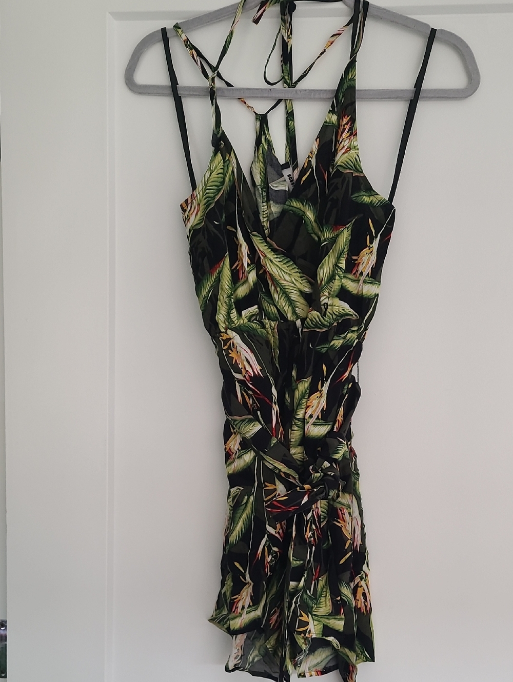 BCBGMaxAzria Black Tropical Leaf Print Romper with Green & Yellow Accents